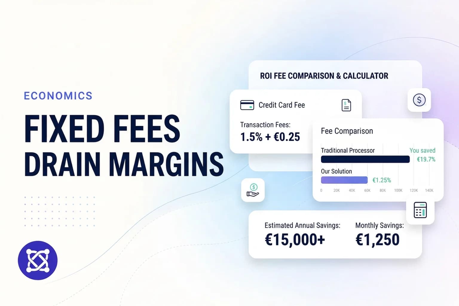 An editorial fintech graphic comparing traditional credit card fixed transaction fees with stablecoin settlement savings.