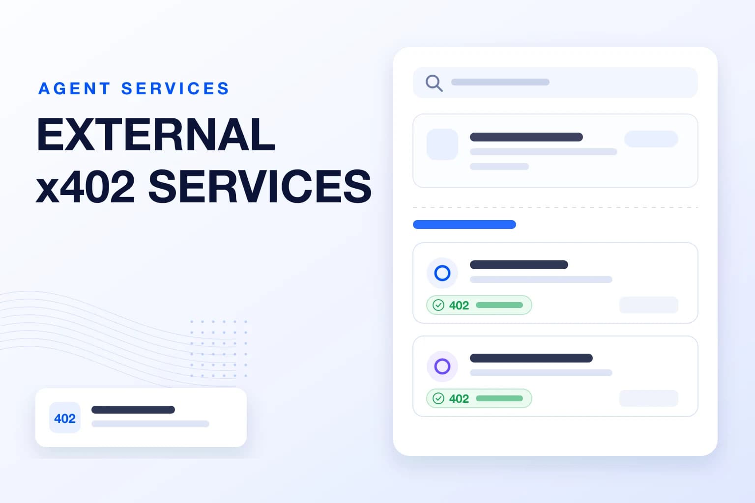 A bright fintech directory showing service cards, payment-offer check marks and a separate external-services section.