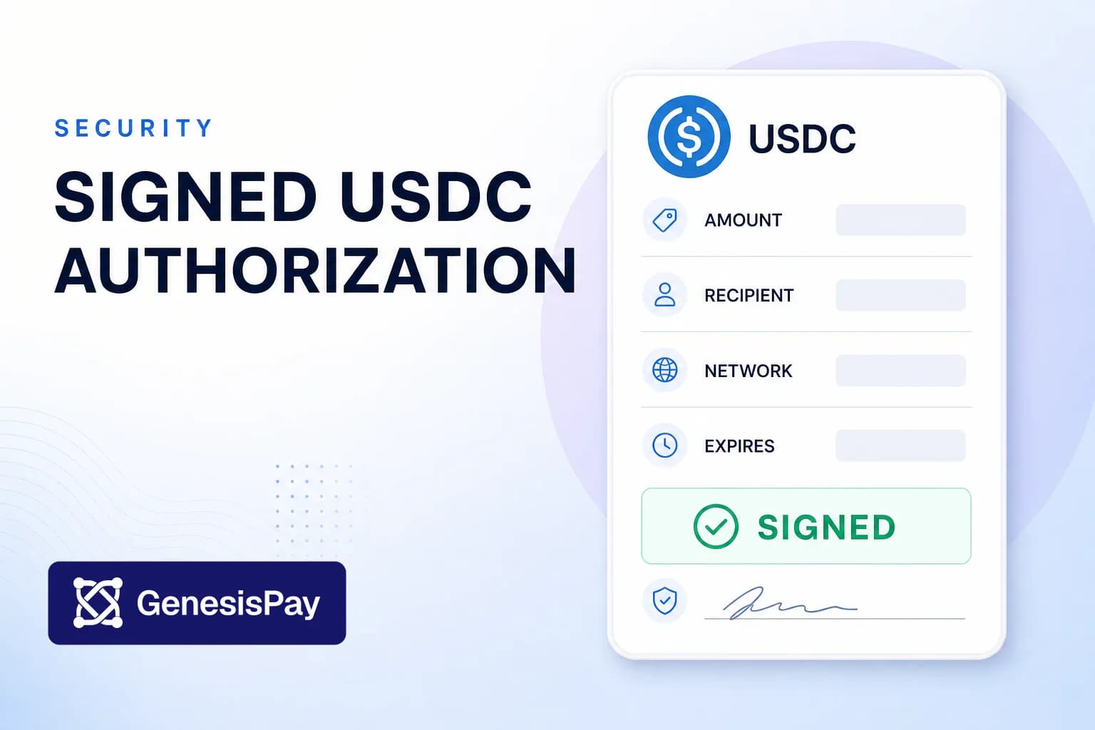 A bright fintech authorization form with USDC, fixed payment fields and a signed status.