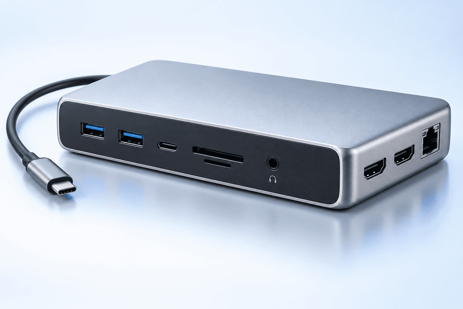 Atlas Dock Pro silver USB-C docking station with USB, display, and Ethernet ports